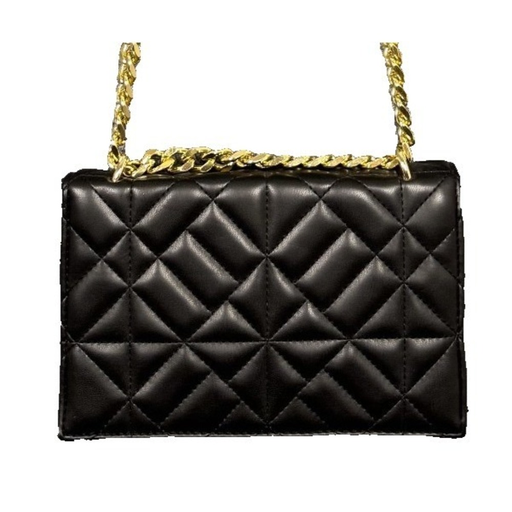 Like Dreams Quilted Crossbody Handbag Black Faux Leather Gold Chain Black Strap